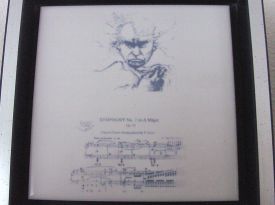 Beethoven zeefdruk op tegel in blauw/zilver lijst
